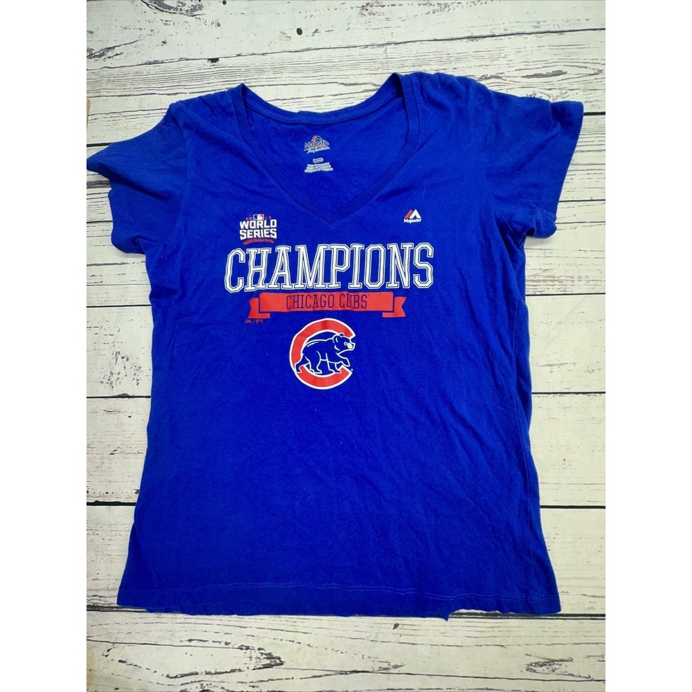 Majestic Womens XL Chicago Cubs 2016 World Series Champions V Neck T Shirt Blue